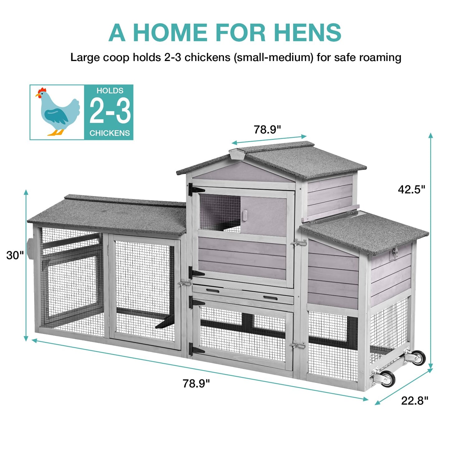 Wooden Chicken Coop with Wheels, Mobile Hen House 80" Outdoor Poultry Cage with Nesting Box Run