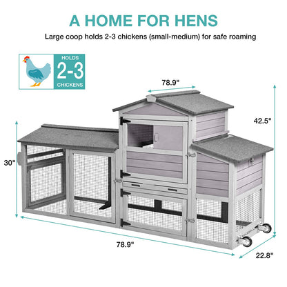 Wooden Chicken Coop with Wheels, Mobile Hen House 80" Outdoor Poultry Cage with Nesting Box Run