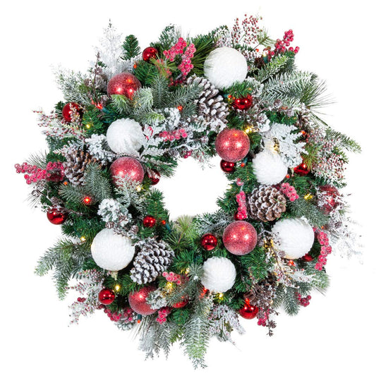 [30 Inch Artificial Christmas Wreath] - Frosted Wonderland Collection - Red White Decoration - Pre Lit with 50 Candy Cane Colored LED Mini Lights - includes Remote Controlled Battery Powered Timer