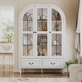 70.8'' Tall Arched Kitchen Pantry Cabinet, Large Farmhouse Storage Cabinet with Glass Doors, Display Case, Wood Bookshelf with 2 Drawers & Adjustable Shelves, Kitchen Pantry for Living Room, White LIVAUVEAD