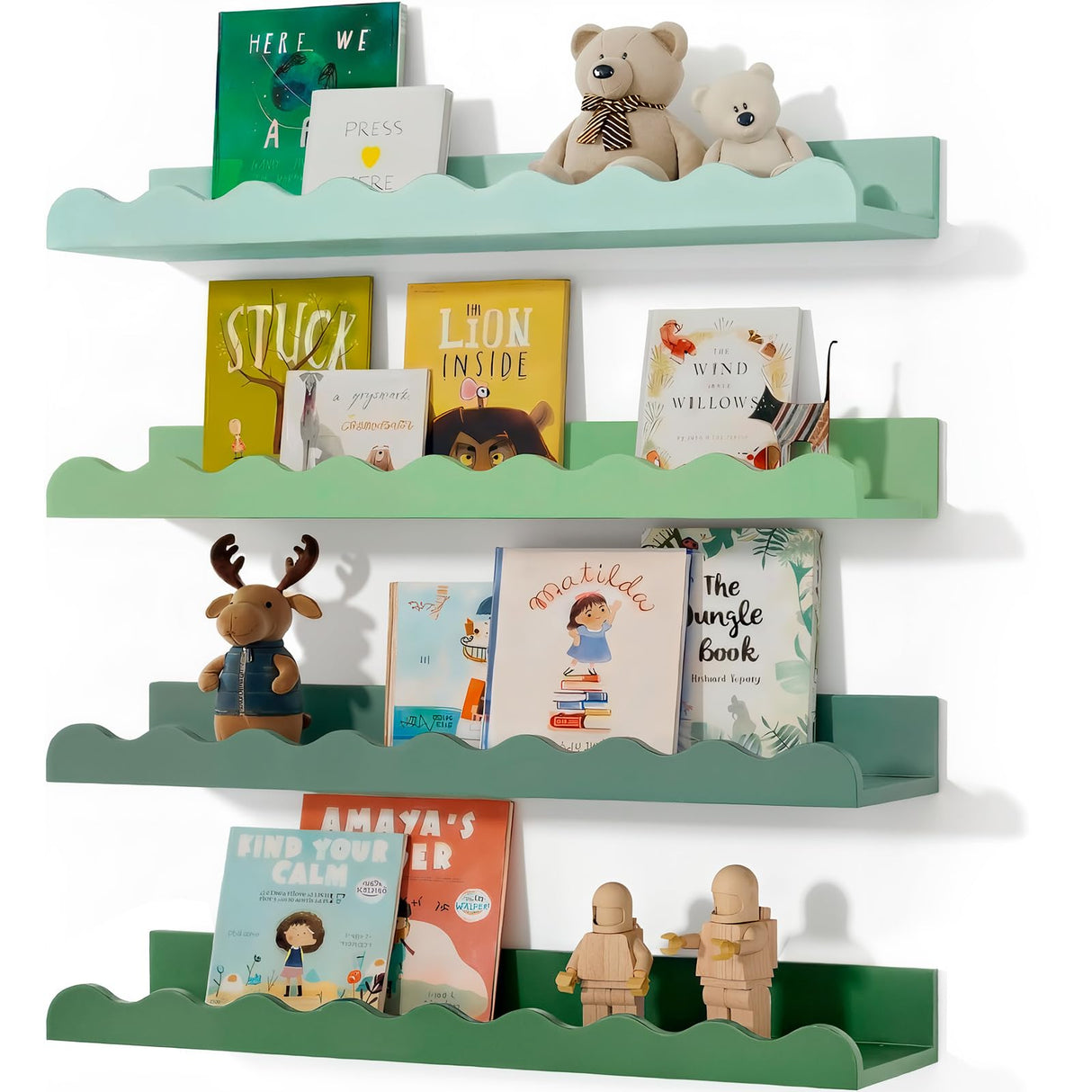 Fiwochic 4 Pcs Sage Green Scalloped Nursery Book Shelves, 15.75 Inch Wood Floating Wall Shelves for Bedroom, Cute Room Shelf for Picture Ledge Stuffed Animal Home Decor Kitchen Spice Fiwochic