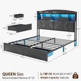 DOGIBIXO Queen Size Black Bed Frame with 4 Storage, Upholstered Velvet Platform Bed Frames with Button Tufted Headboard Led Lights, Wooden Slats Support, No Box Spring Needed, Black DOGIBIXO