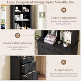 Vabches Farmhouse Bookshelf with 3 Large Drawers, 70" Tall Bookcase with 5-Cube Storage Organizer, 3 Tier Wood Display Storage Cabinet for Home Office, Living Room, Rustic Black Vabches