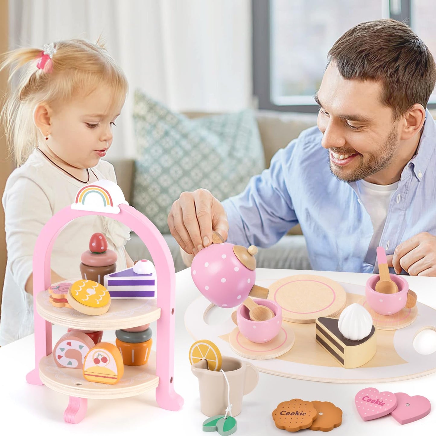 Atoylink Wooden Tea Party Set for Little Girls Toys Kids Play Kitchen Toddler Tea Set with Play Food & Cupcake Stand Pretend Play Wooden Toys for 2 3 4 5 6 Year Old Girl Christmas Birthday Gi - WoodArtSupply