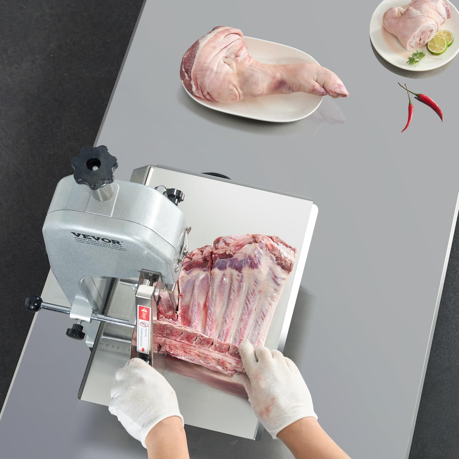 VEVOR Commercial Electric Meat Bandsaw, 650W Stainless Steel Countertop Bone Sawing Machine, Workbeach 12.4" x 18.1", 4.33 Inch Max Cutting Thickness, Frozen Meat Cutter for Rib Pork Beef - WoodArtSupply