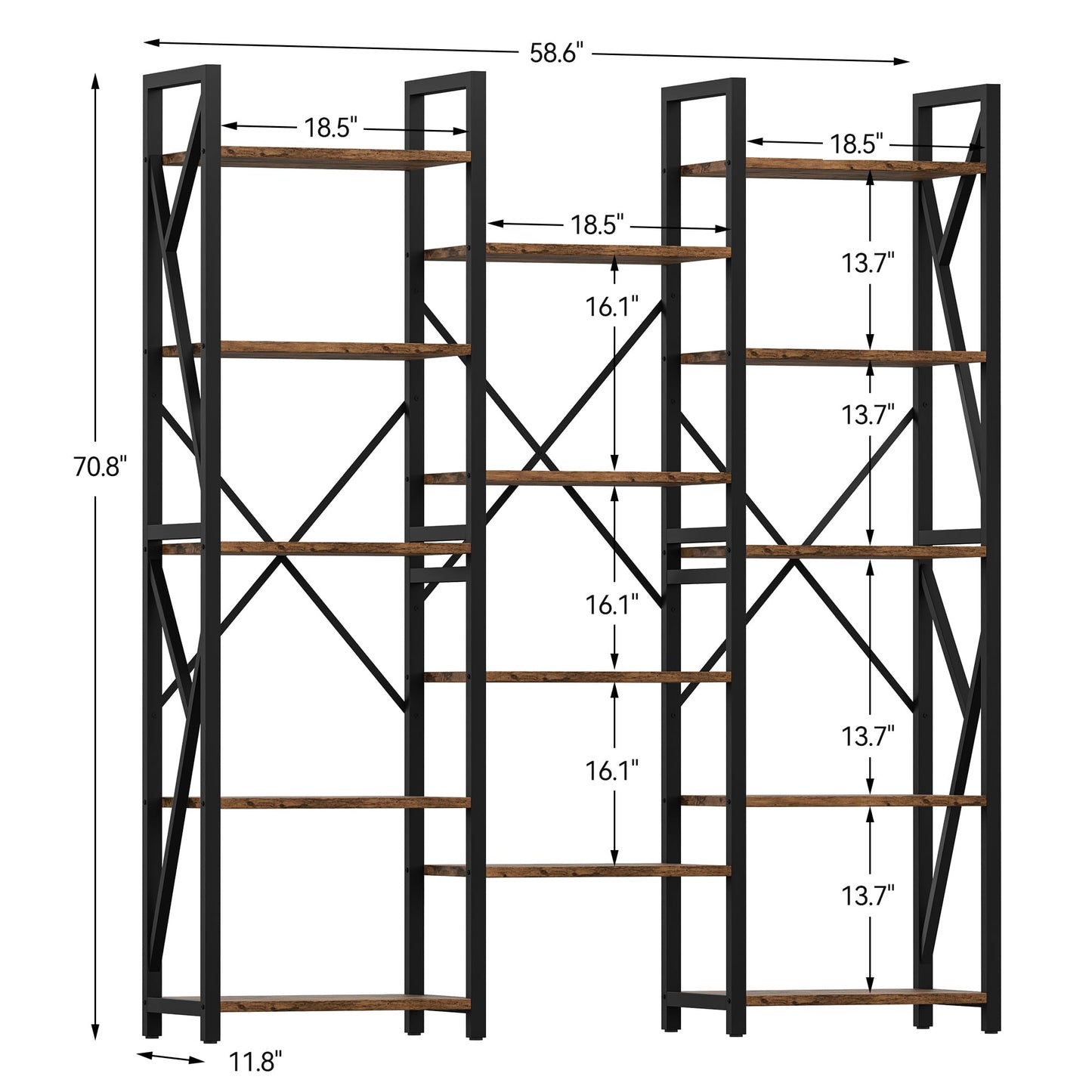 GAOMON 70.8” Triple Wide Rustic Brown 5-Tier Industrial Bookshelf with 14 Open Shelves - WoodArtSupply