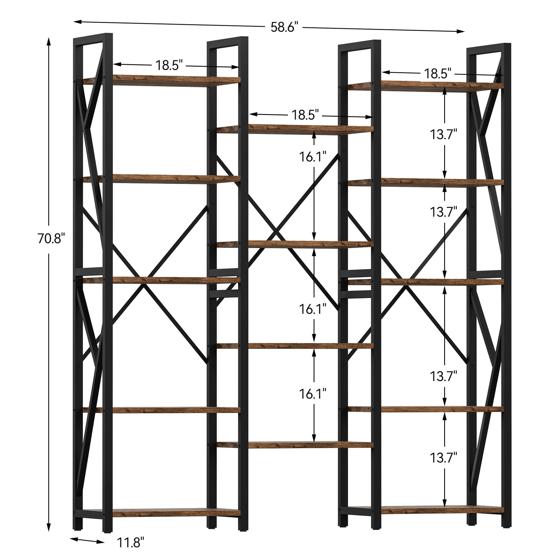 GAOMON 70.8” Triple Wide Rustic Brown 5-Tier Industrial Bookshelf with 14 Open Shelves - WoodArtSupply