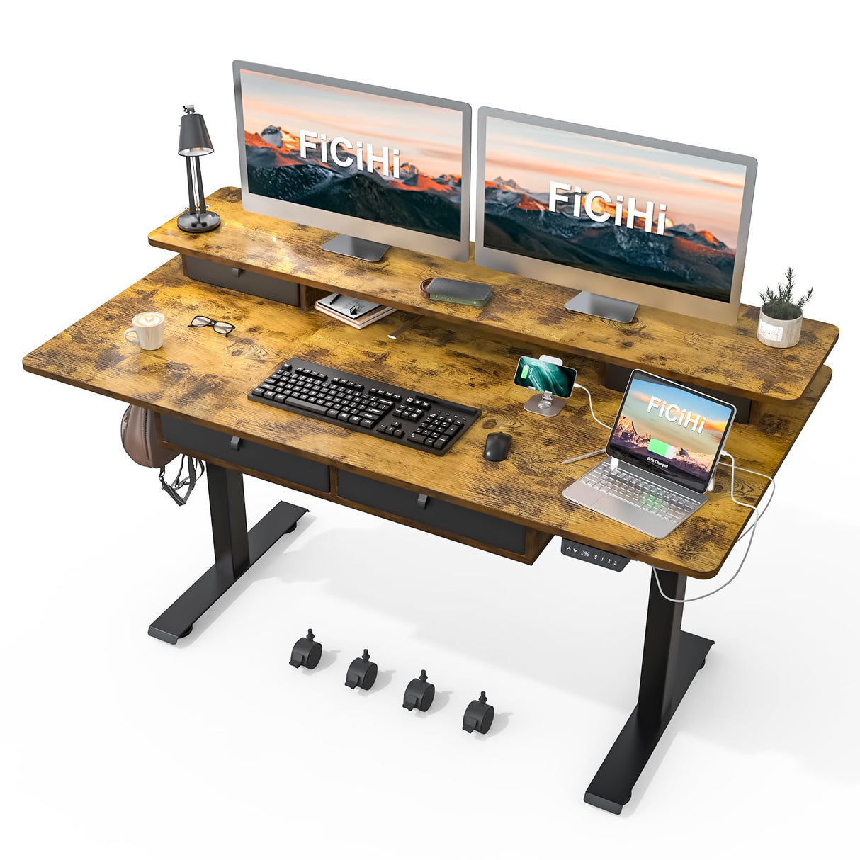 FICIHI Electric Standing Desk USB A/C Charging Port, Electric Height Adjustable Desk,63 x 30 inches Desk with 4 Drawers,Larger Table Legs,Ergonomic Workstation Suitable for Home Gaming Office FICIHI