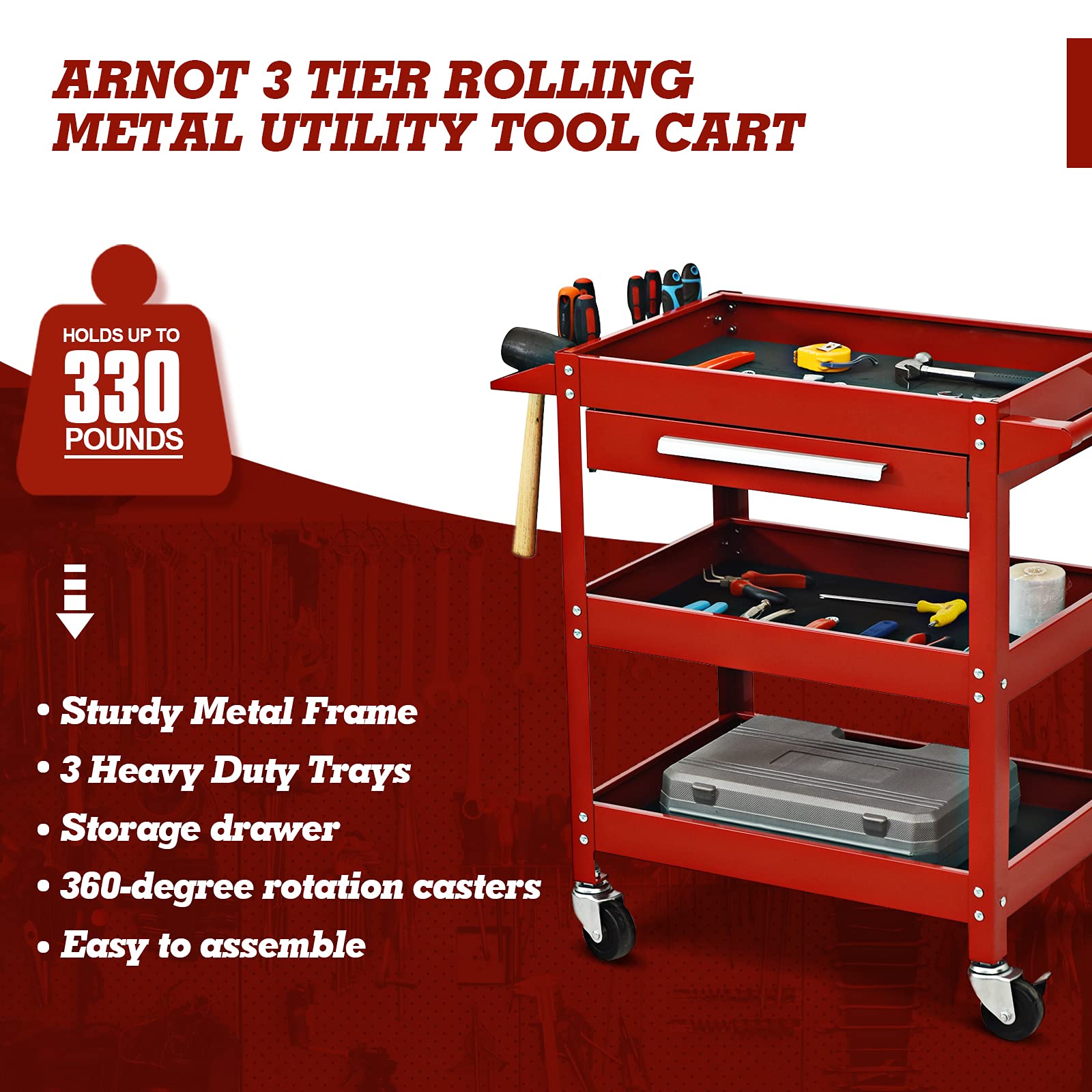 ARNOT 3 Tier Rolling 330 LBS Tool Cart on Wheels for Mechanics, Heavy Duty Tool Cart with Drawers, Perfect for Garage, Warehouse & Repair Shop, Red - WoodArtSupply