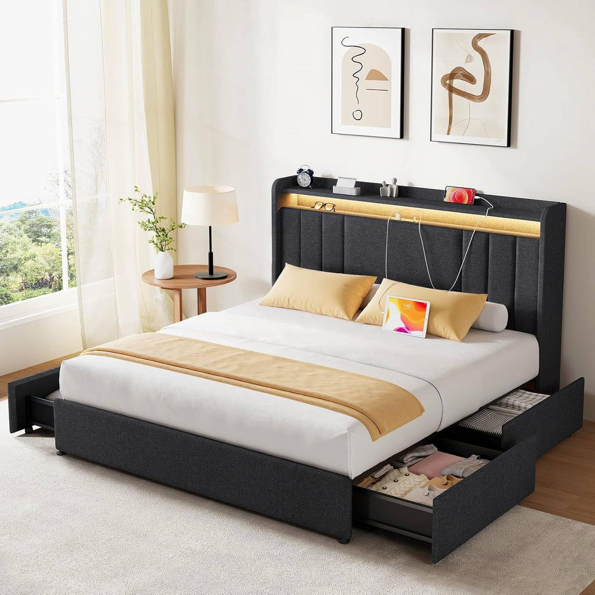 koorlian Queen Size Upholstered Bed Frame with 4 Storage Drawers and 51'' Tall Headboard Wingback Platform Bed Frames with RGB LED & USB Charging, 3 Adjustable Height, Noise-Free/Metal Support, Grey koorlian