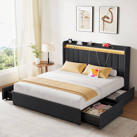 koorlian Queen Size Upholstered Bed Frame with 4 Storage Drawers and 51'' Tall Headboard Wingback Platform Bed Frames with RGB LED & USB Charging, 3 Adjustable Height, Noise-Free/Metal Support, Grey koorlian