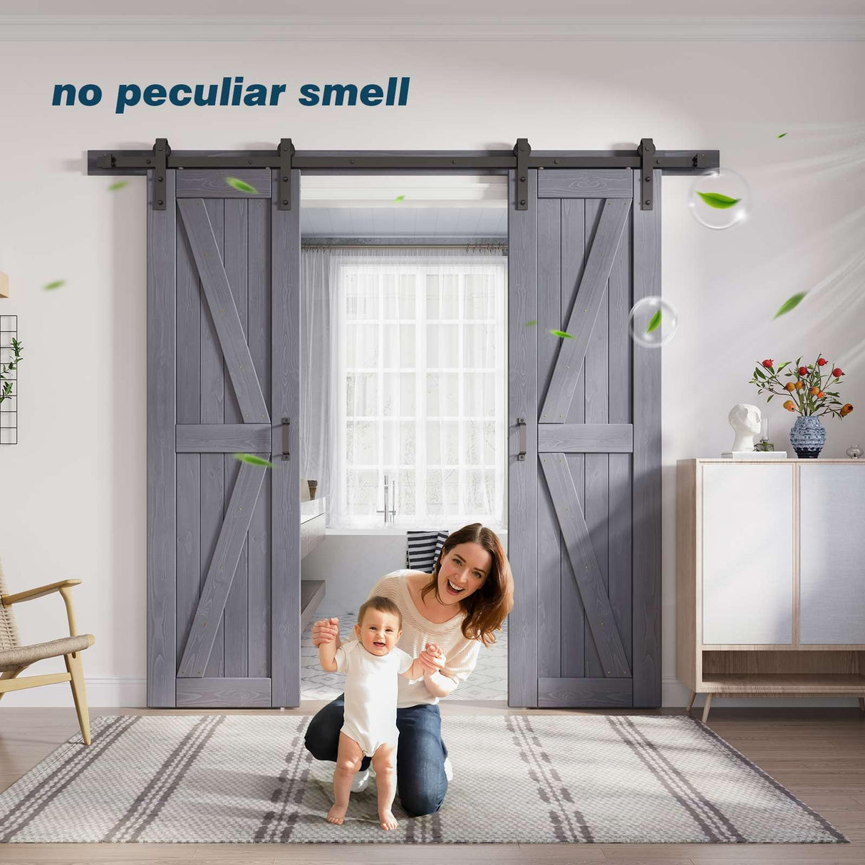 FREDBECK Gray Double 24x84 Inch Doors 48 Wood barn door with 8FT Barn Door Hardware Kit and Handle Included K Shape Spruce Double Surfaces,Simple Assembly is Required,K-Frame,Grey FREDBECK