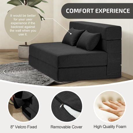 SUYOLS Folding Sofa Bed with Pillows- Convertible Chair Floor Couch & Sleeping Mattress, Foldable Memory Foam Sleeper for Living Room/Dorm/Guest Room/Home Office/Apartment/Loft, Full, Dark Gray SUYOLS