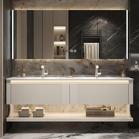 Dual Sink Bathroom Vanity, Modern Bathroom Vanity with Double Sink, 60" Solid Wood Bath Vanity Set Includes Smart LED Mirror Cabinet and Strip Sink Cabinet, Floating Sink Vanities for Home - White LUTHXAY