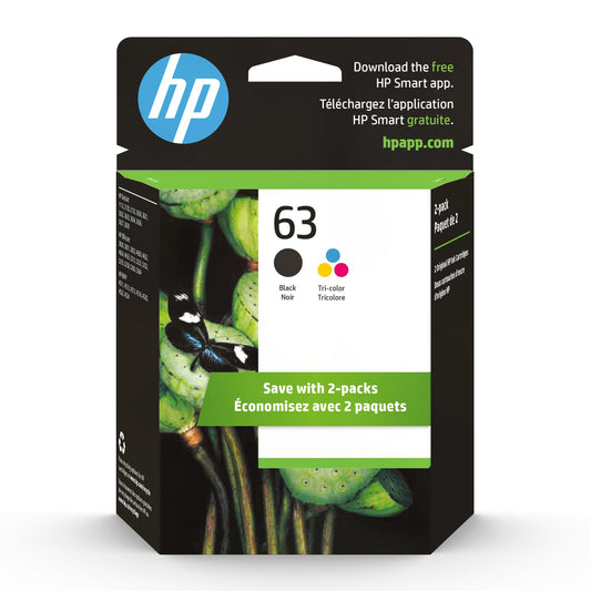 HP 63 Black/Tri-color Ink Cartridge (2-pack) | Works with HP DeskJet 1112, 2130, 3630 Series; HP ENVY 4510, 4520 Series; HP OfficeJet 3830, 4650, 5200 Series | Eligible for Instant Ink | L0R46AN