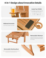 Serique 4-in-1 Multifunctional Folding Adirondack Rocking Chair, Patio Chair with Retractable Ottoman, Outdoor Chair Wood Texture, Lawn Chair for Porch, Backyard, Pool(Teak) Serique