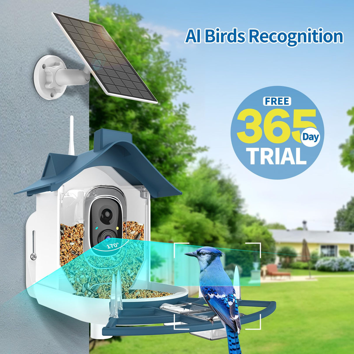 Bird Feeder with Camera, Smart Bird Feeder Camera with 1080P HD AI Identify Instant Notifications, Bird Watching Camera with Solar Panel in Backyard, Ideal Gifts for Family and Bird Lovers,Navy Blue Vatjubi