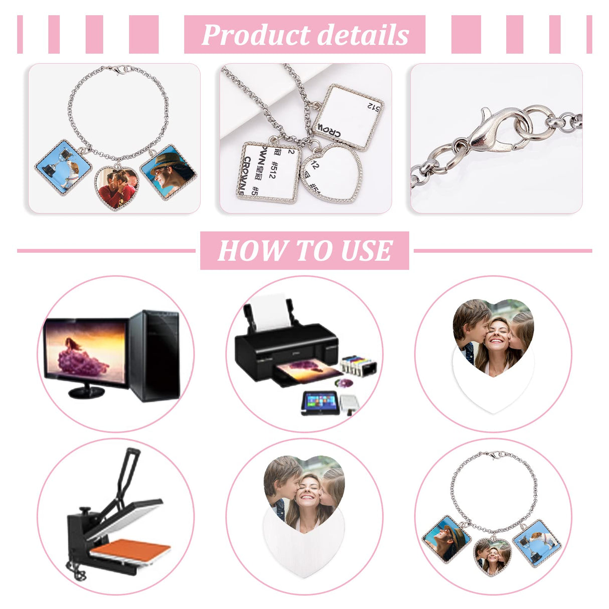 PH PandaHall 4 Sets Sublimation Bracelets Blanks Heat Transfer Bracelet Tray Heart Photo Bezel Square Craft Bezel Setting Blank for Christmas Party Friendship Bracelet Sweet Birthday Wedding Gift PH PandaHall