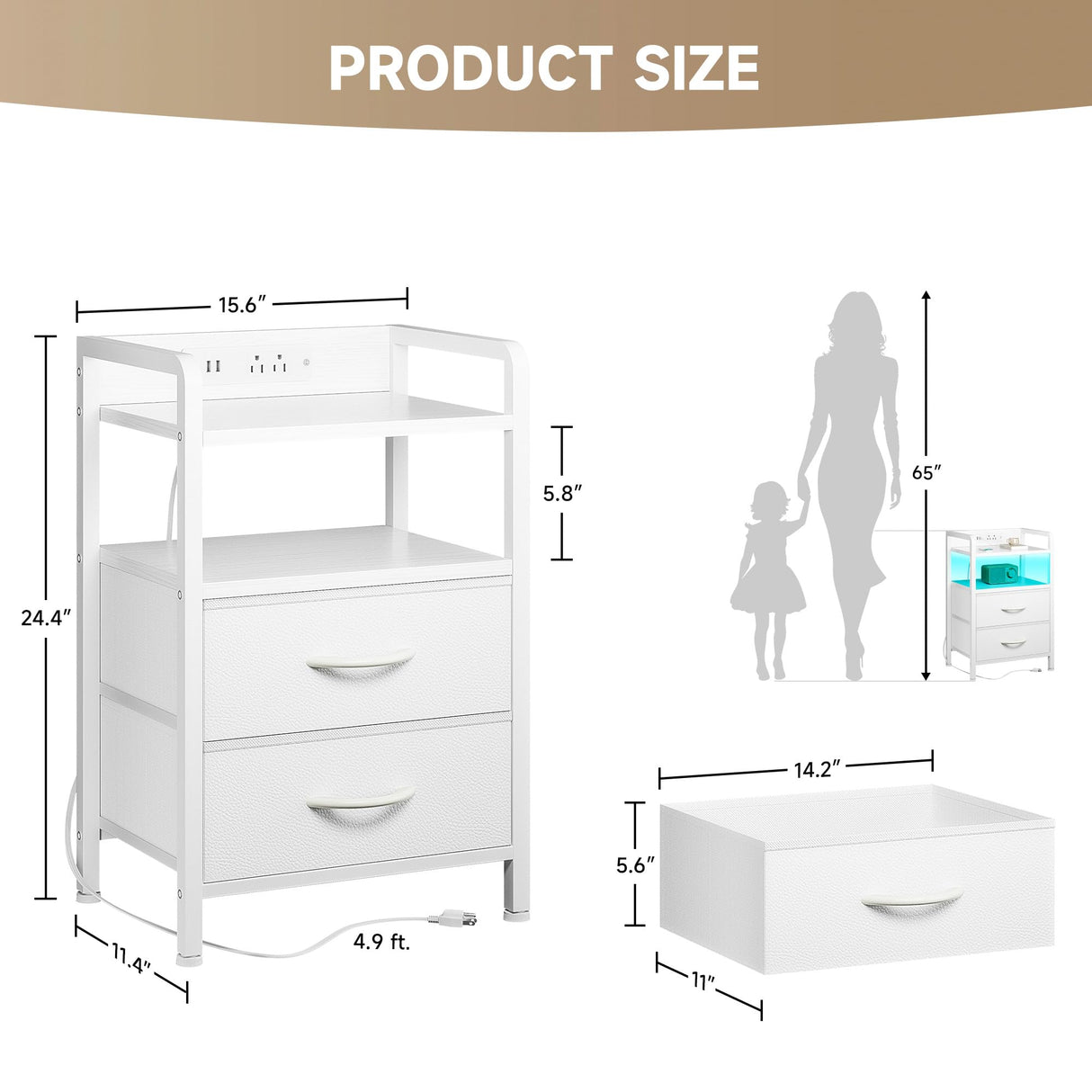 Night Stand Bedside Table Bedroom - Nightstand with Charging Station & LED Light Strip, Bed Side Table with Storage Shelf & 2 Fabric Drawers, Morden White End Table with U-S-B Ports & AC Outlets Lazzanto