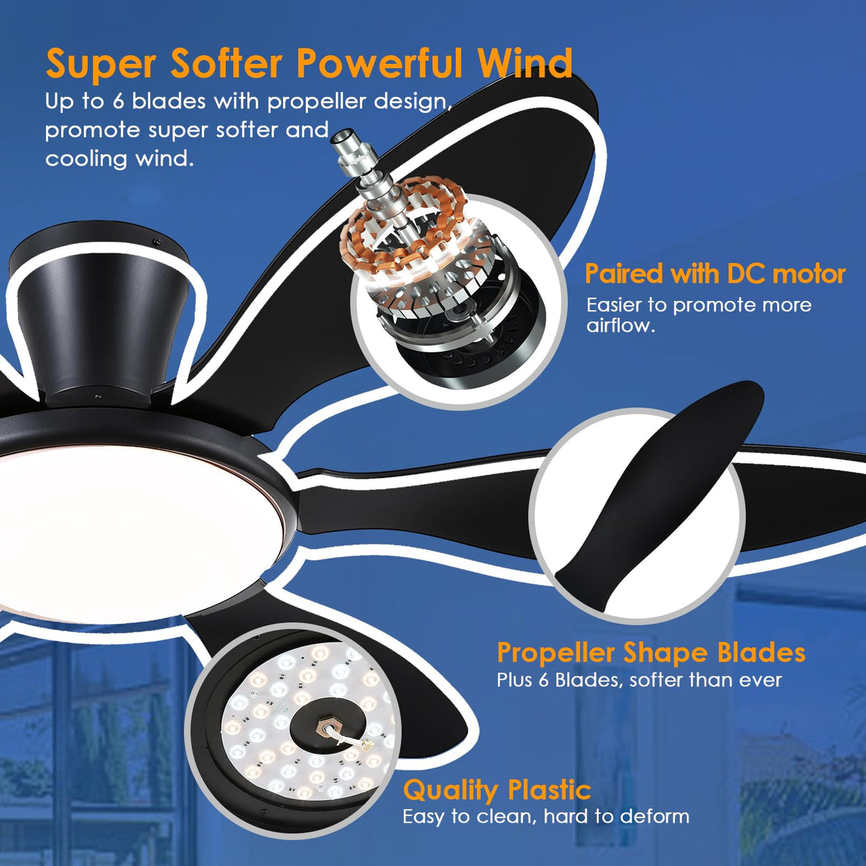 Ceiling Fans with Lights, 51 inch Modern Black Low Profile Ceiling Fan with Light and Remote App Control, Flush Mount, Quiet DC Reversible, Dim Led Ceiling Fan 6 Blade Softer Wind Indoor/Outdoor Patio BayDay
