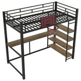Twin Size Loft Bed with Desk and Storage Shelves,Metal Loft Bed with Basketball Hoop,Heavy Duty Loft Bed Frame for Kids,Teens,Adults,High Loft Bed Frame Twin Size, Space Saving, Black Bellemave