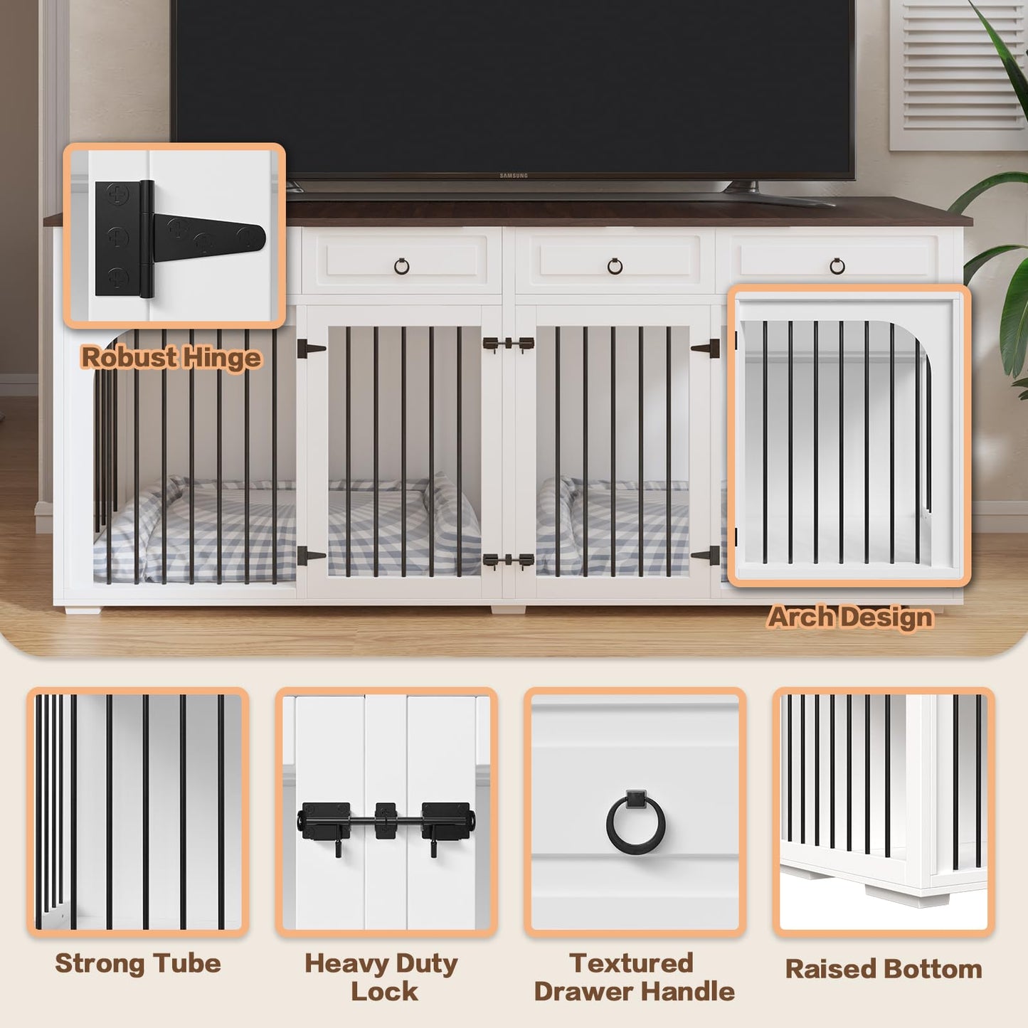 86.6" Large Dog Crate Furniture for 2 Dogs,XXXL Wooden Furniture Style Double Dog Crates Kennel Cage TV Stand End Table with 4 Drawers Divider Locks,White