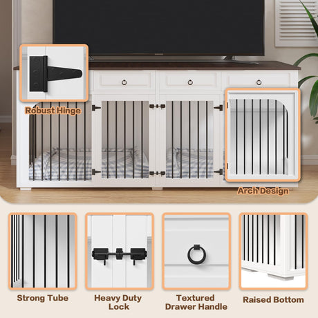 86.6" Extra Large Dog Crate Furniture for Large Breeds,XXXL Wooden Double Dog Crates Kennel Cage Furniture Style TV Stand Side End Table for 2 Dogs with Divider Locks and 4 Drawers,White Pitmoto