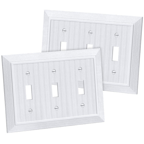 CML Classic Triple Toggle Switch Wall Plate, 3-Gang Outlet Cover, 2 Pack, Vintage Retro Wood Grain Design Beadboard Wallplate, Impact Resistant, Standard Size 6.87”X 4.87”, White CML Hardware