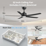 ocioc 52 Inch Smart Ceiling Fan,Modern Ceiling Fans with Lights and Remote,Compatible with Alexa/Google Home/APP,Reversible,Dimmable,3 CCT,Timer,Black Ceiling Fan for Bedroom,Living Room ocioc