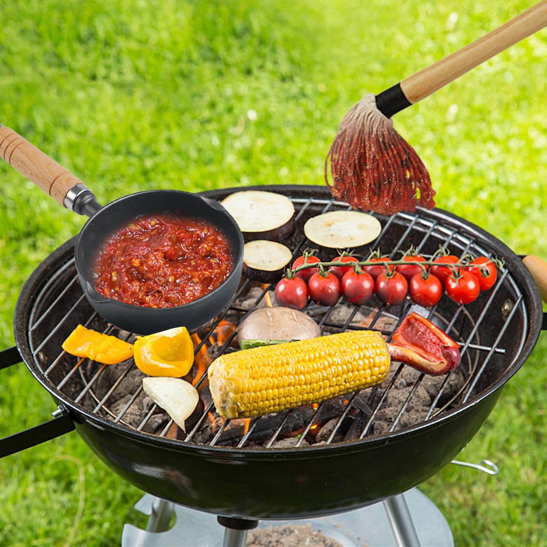 HyzaPhix Cast Iron Sauce Pot and BBQ Mop Brush Set for Grilling, BBQ Basting Set with Saucepan and Brush Barbecue Accessories Meat Smoker Accessories Gift for Men (Black) HyzaPhix