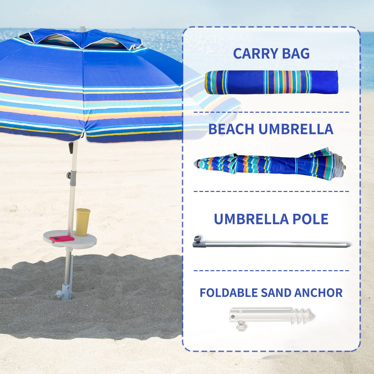 AMMSUN 7ft Heavy Duty High Wind Beach Umbrella Parasols with sand anchor & Tilt Sun Shelter, UV 50+ Protection Outdoor Sunshade Umbrellas Carry Bag for Patio Garden Pool Backyard Stripe Blue AMMSUN