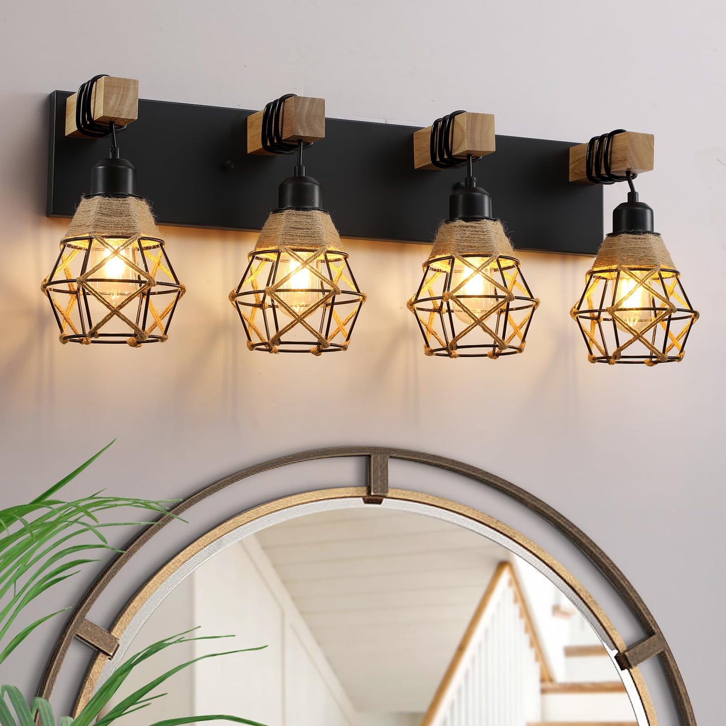 Rustic Style Wood Bathroom Wall Sconce，4 Light Bathroom Vanity Light Fixtures， with Boho Wicker Twine Lampshade，Suitable for Bedroom, Hallway, and Living Room，Rattan Black Farmhouse Wall Scon - WoodArtSupply