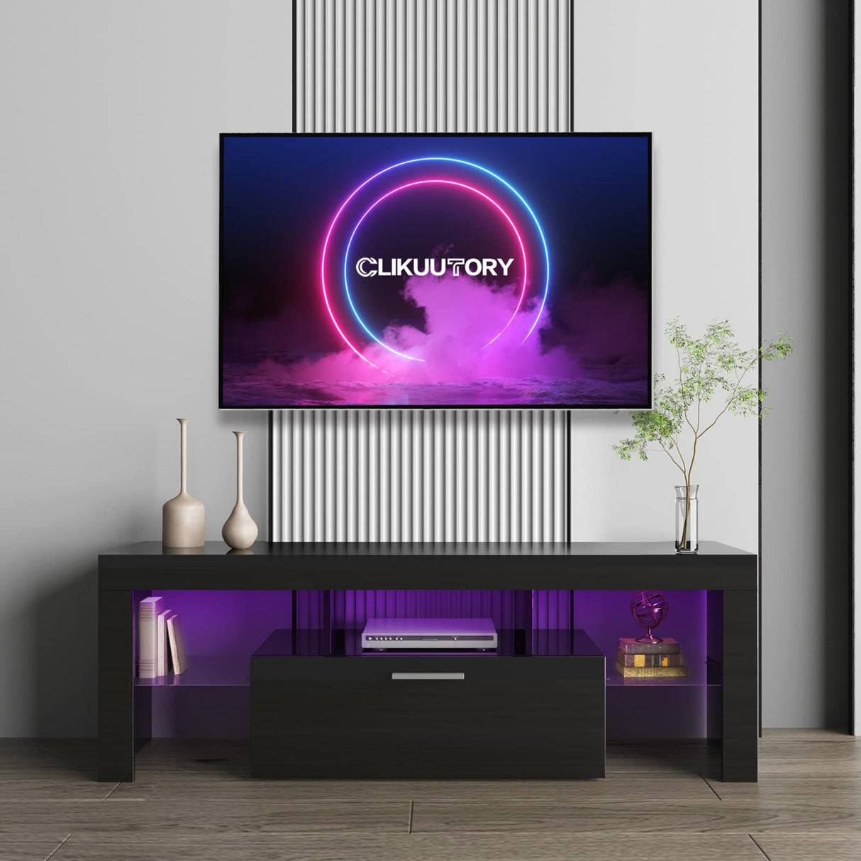 Clikuutory Black LED TV Stand with Large Storage Drawer for 32 40 50 55 Inch TVs, Modern High Gloss TV Console Table with Entertainment Center for Living Room, Bedroom, Black Clikuutory