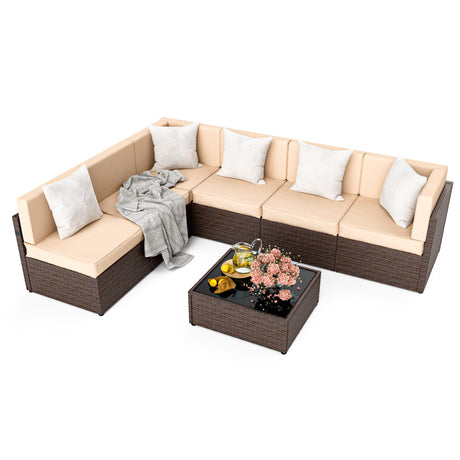 Pamapic Patio Furniture Set, 7 Pieces Modular Outdoor Sectional, Patio Sectional Sofa Conversation Set, Rattan Sofa with Coffee Table and Washable Cushions Covers (Brown Sugar) Pamapic