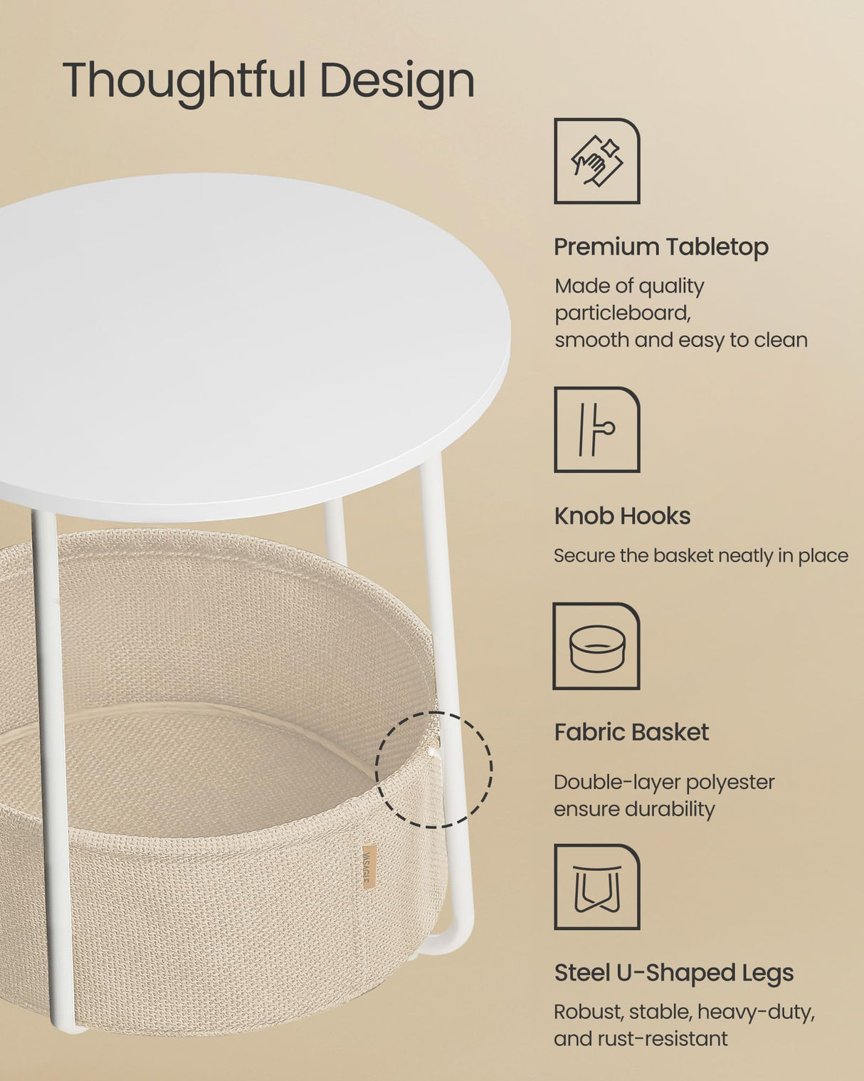 VASAGLE Nightstands, Set of 2 Small Round Side Tables with Fabric Basket, Bedside End Tables, for Bedroom, Matte White and Camel Brown ULCT665W01 VASAGLE