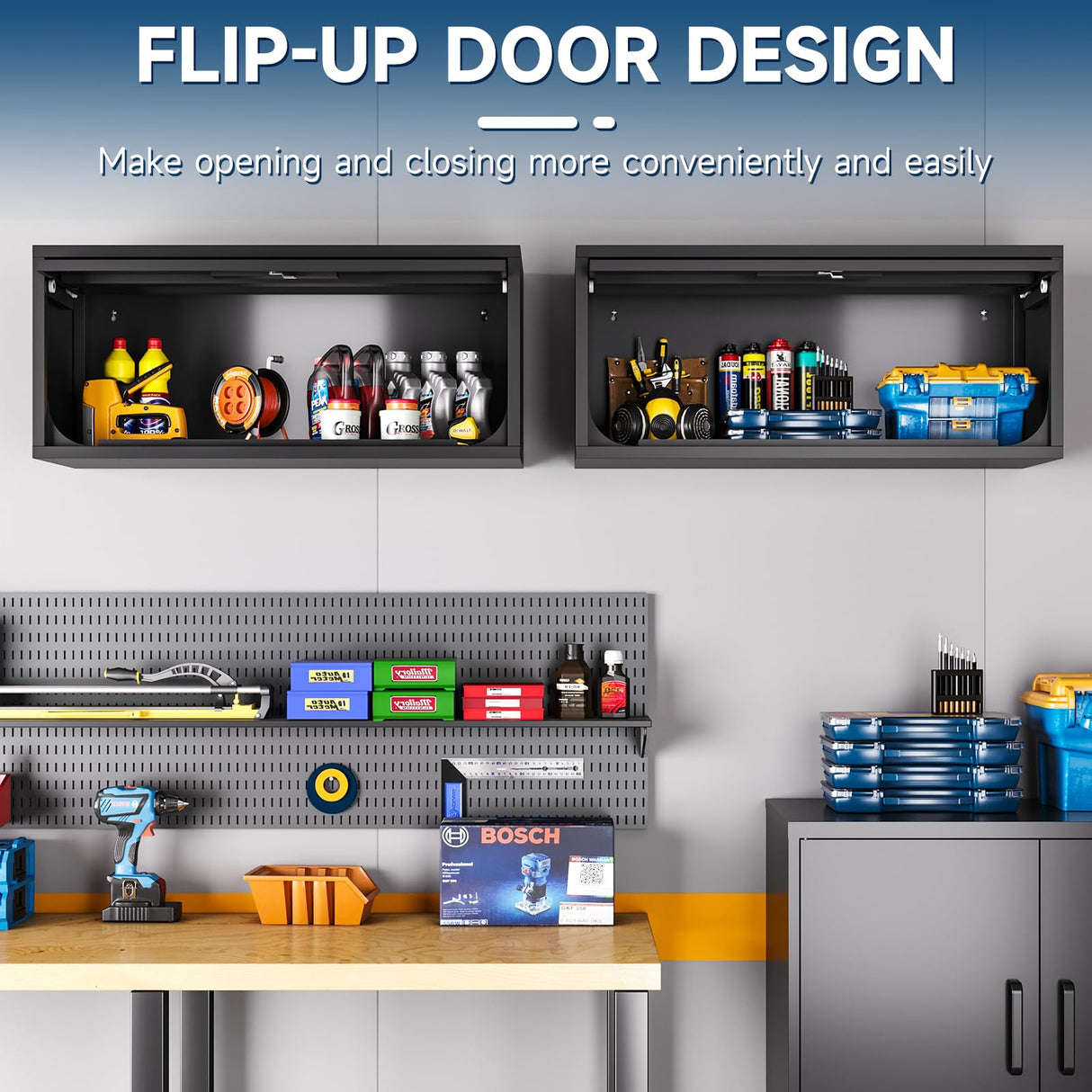 AFAIF Metal Wall Storage Cabinet, Wall-Mounted Garage Cabinet with Up-Flip Doors, Steel Small Floating Cabinets with Lock for Garage, Bathroom, Kitchen, Black and Grey AFAIF