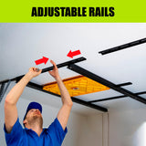 GARAGE STORAGE TOTE SLIDE RACK Overhead Tote Storage Rail System, Garage Ceiling Bin Storage Rack Heavy Duty Adjustable Tote Slide Garage Storage System, NEGRO, MR0001 RG GARAGE SOLUTIONS