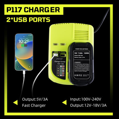 2Pack 3.0Ah P102 18V Lithium Replacement for Ryobi Battery+ P117 Charger with Dual USB Compatible with Ryobi 18v Battery P108 P107 P104 P105 P102 P103 Charger with P117 P118 P119 P113 BCL1418 - WoodArtSupply