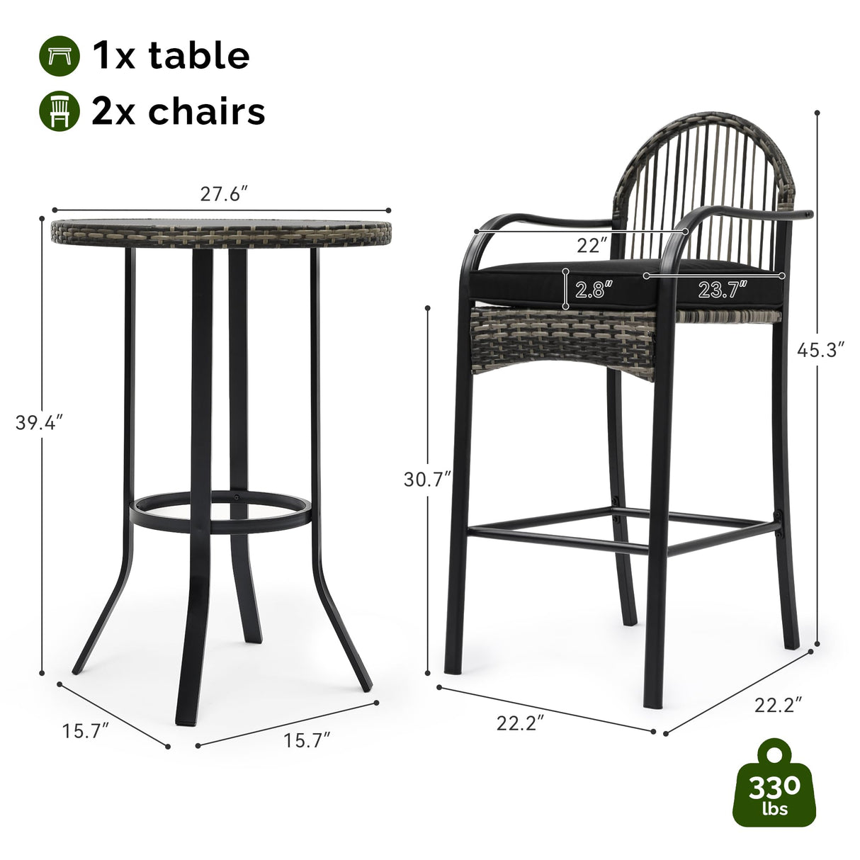 YITAHOME 3-Piece Outdoor Wicker Bar Height Set with Cushioned Barstools, Patio Bistro Furniture for Balcony and Poolside, Black YITAHOME
