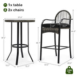 YITAHOME 3-Piece Outdoor Wicker Bar Height Set with Cushioned Barstools, Patio Bistro Furniture for Balcony and Poolside, Black YITAHOME