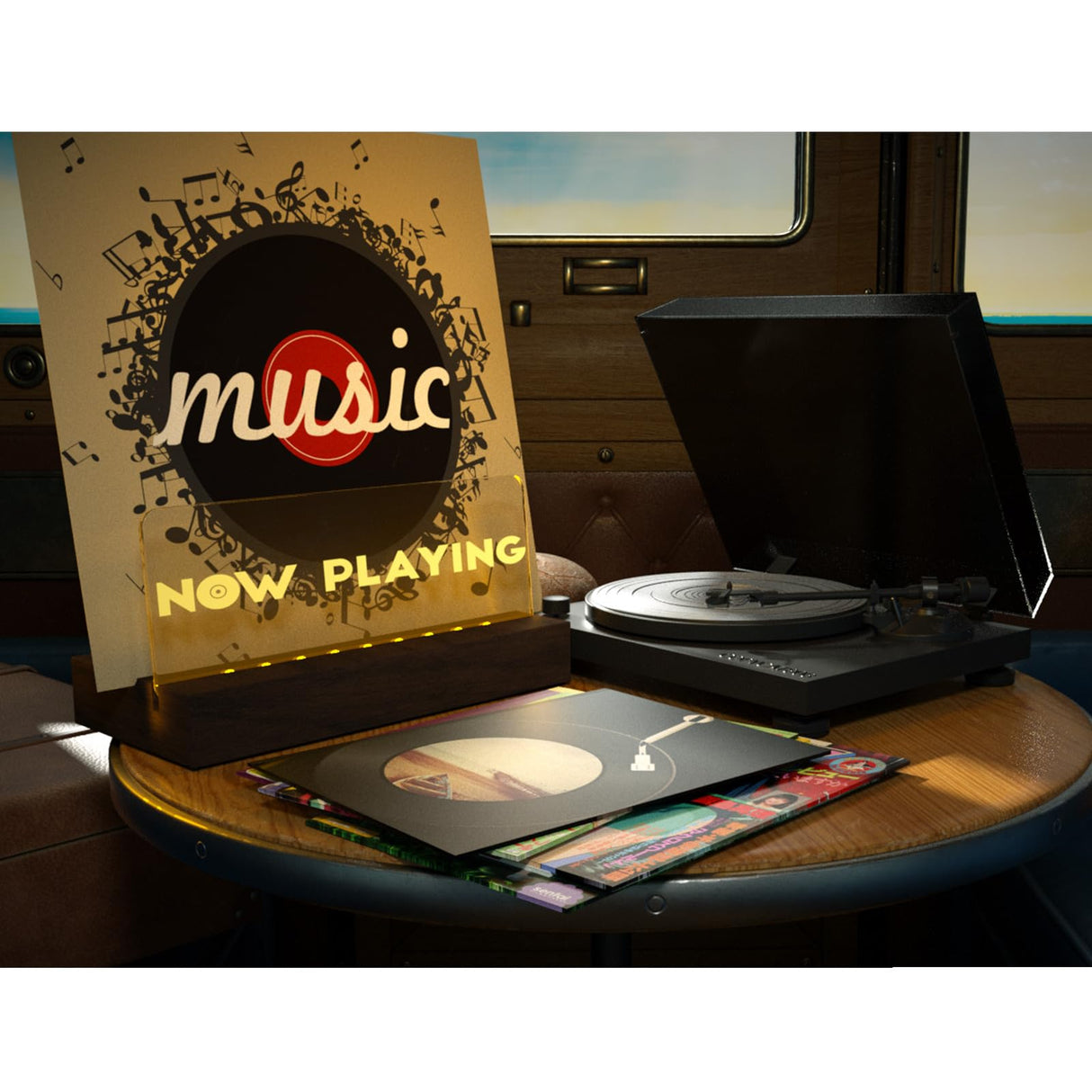 Cociat Lighting Now Playing Vinyl Record Stand, Wooden Rack with Acrylic Panel Cociat