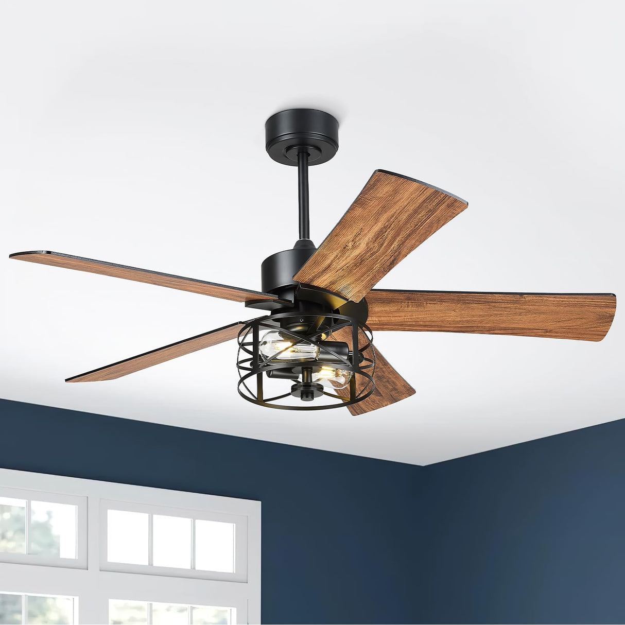 YOUKAIN Ceiling Fans With Lights, 48 Inch Farmhouse Ceiling Fans with Lights and Remote, 5-Reversible Blades with Matte Black/Wooden Finish, 48-YJ632-BKW YOUKAIN