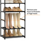 WEXCISE Narrow Shoe Rack 10 Tiers Tall Shoe Rack for Entryway 20 24 Pairs Shoe & Boots Organizer Storage Shelf Durable Black Metal Stackable Shoe Cabinet with Hooks, 17.1D x 11.8W x 78.7H in WEXCISE