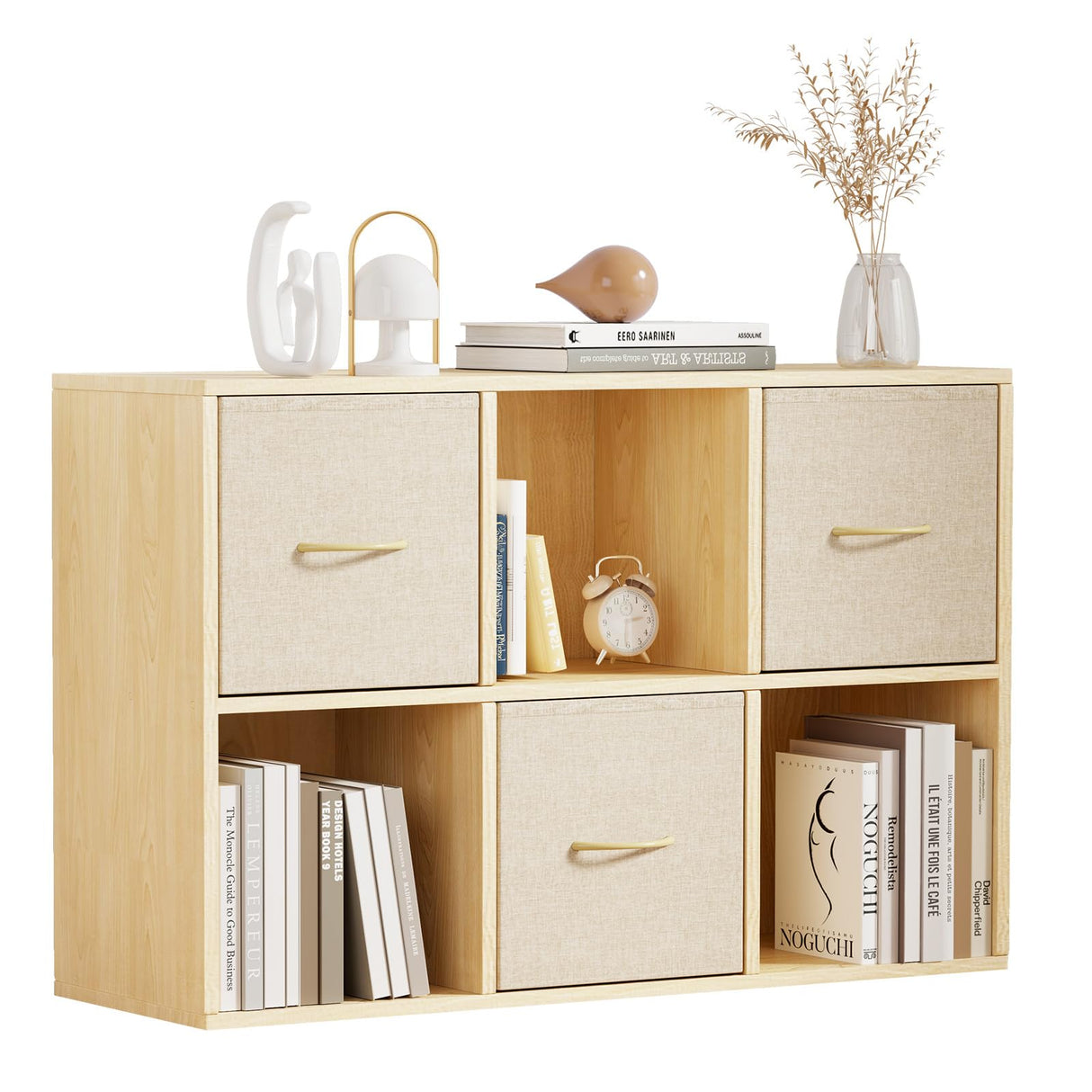 EXPERLAM 6 Cube Storage Organizer - Solid Wood Bookshelf with 3 Storage Bins, Cube Shelf with 2 Removable Back Panels, Vertical or Horizontal Bookcase, Open Book Shelf for Bedroom, Living Room, Office EXPERLAM