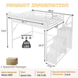 Duxelifin Queen Size Loft Bed with Staircase, Metal Loft Beds with Storage Shelves & Wardrobe, High Lofted Bed Frame, Loft Tall Bed for Boys Girls and Teens, No Box Spring Needed (White) Duxelifin