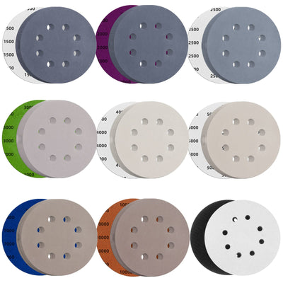 80pcs 5 inch 8 Hole Sanding Discs Hook and Loop 1500/2000/2500/3000/4000/5000/7000/10000 Grits Wet Dry Sandpaper with 2pcs Interface Pad for Random Orbital Sander Automotive Wood Metal Polishing