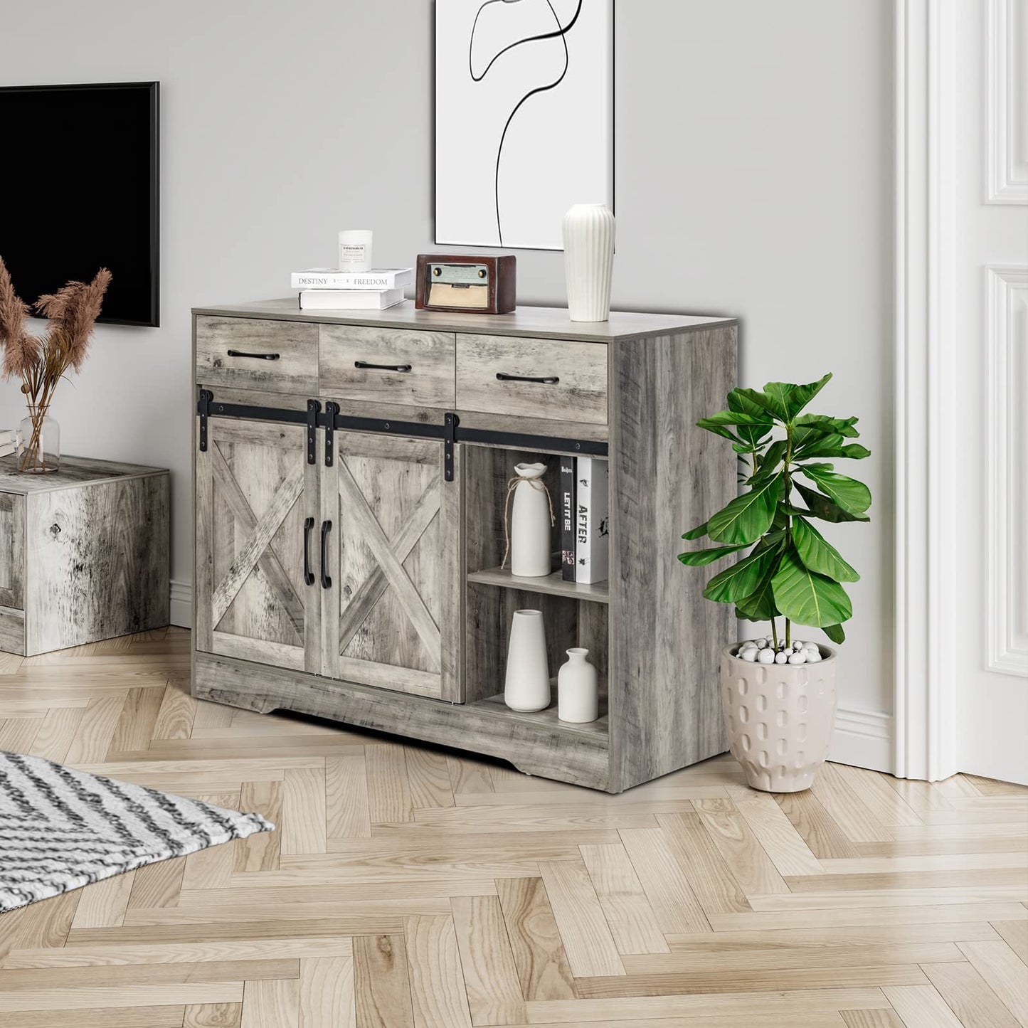 Chic Grey Farmhouse Wine Cabinet and Coffee Bar with Sliding Barn Doors and Ample Storage - WoodArtSupply