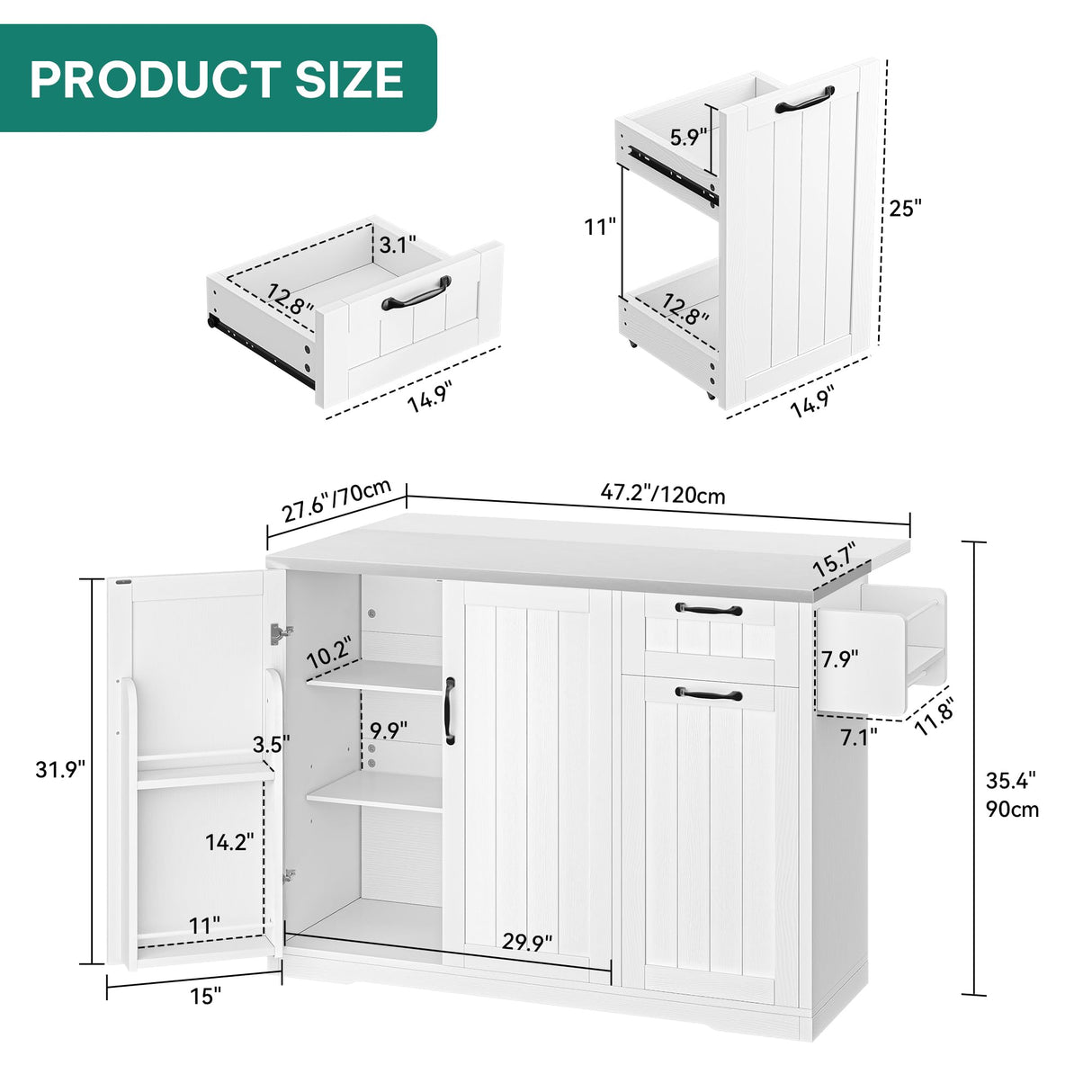 YITAHOME Kitchen Island with Stainless Steel Top, 54" Drop Leaf Kitchen Island with Storage, Rolling Carts with Pull-Out Cabinet, 3 Tier Slide Out Drawers & Shelves, 2 Doors Storage for Dining,White YITAHOME