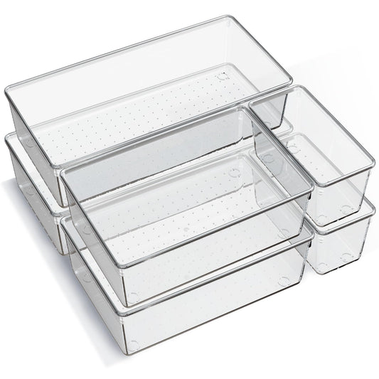 6 Pack Large Clear Plastic Drawer Organizer Trays, Acrylic Kitchen Drawer Organization and Storage Dividers, Non-Slip Storage Bins for Makeup, Kitchen Utensils, Bathroom, Jewelries and Office Desk