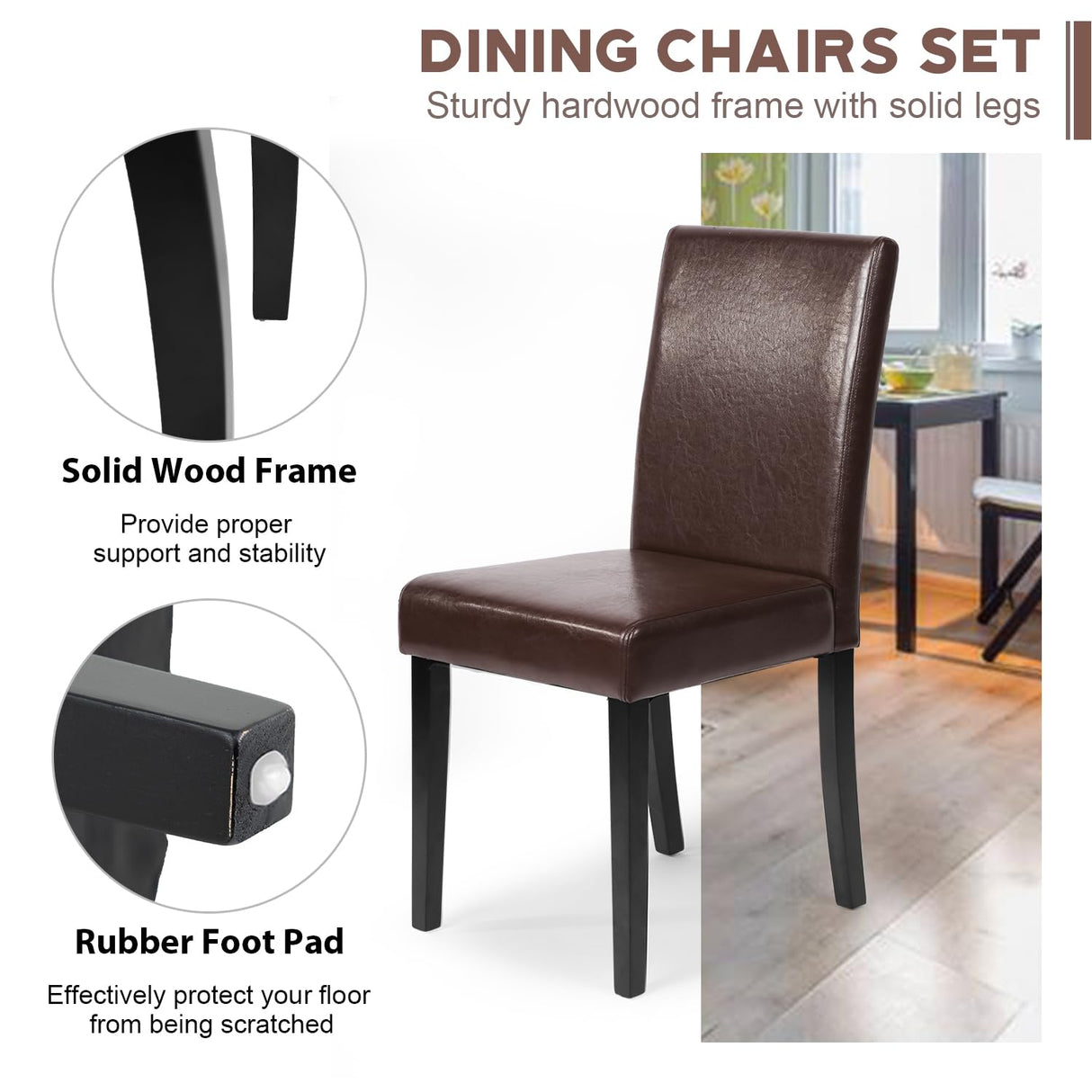 FDW Dining Chairs Set of 4, Dining Room Chairs Kitchen Chairs,Side PU Cushion Chairs with Waterproof Surface and Wood Legs,for Kitchen Restaurant and Living Room,Leather Brown FDW